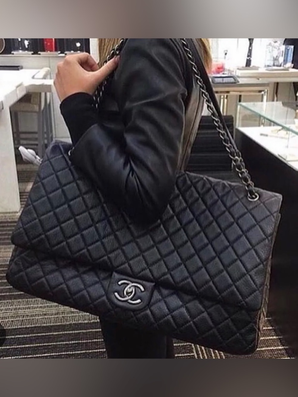 Black Quilted Shoulder Bag with Chain Strap and Logo Turn-Lock
